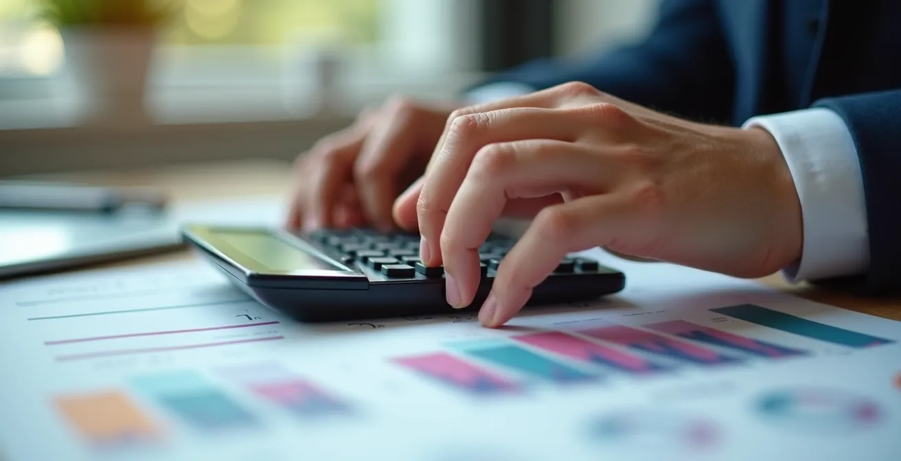 Main d'un professionnel manipulant une calculatrice avec documents de gestion budgétaire en arrière-plan flou