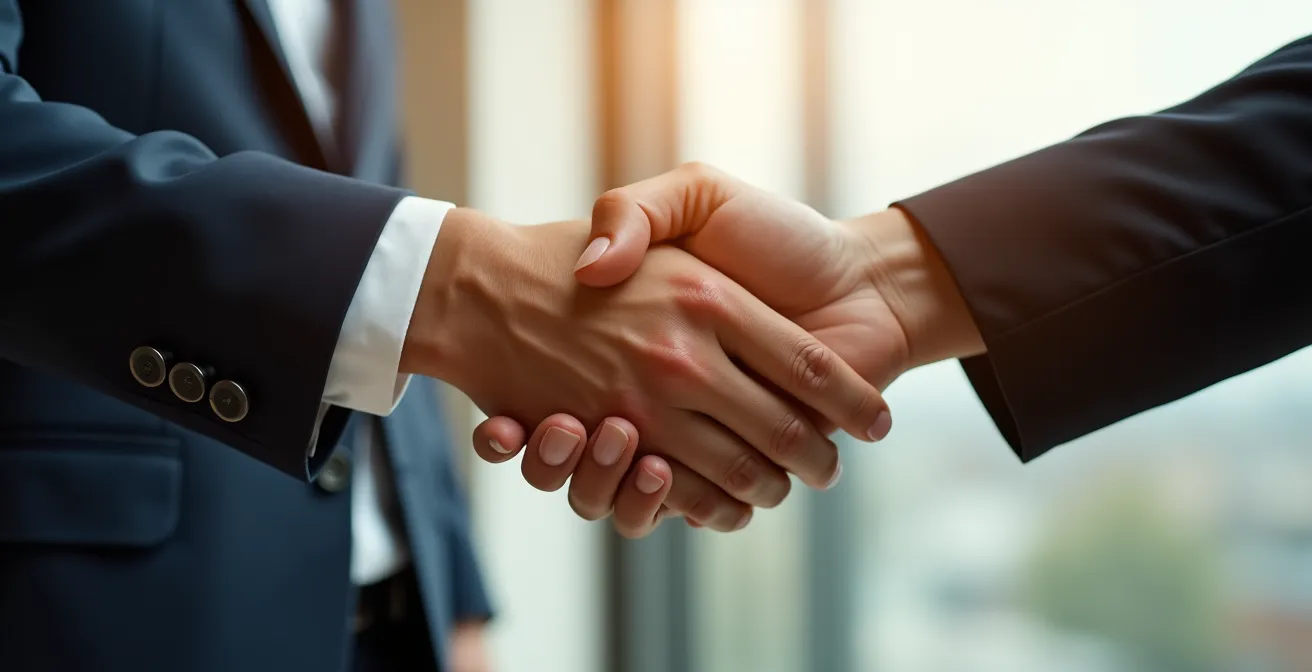 Poignée de main professionnelle entre deux personnes en contexte d'affaires symbolisant un accord commercial