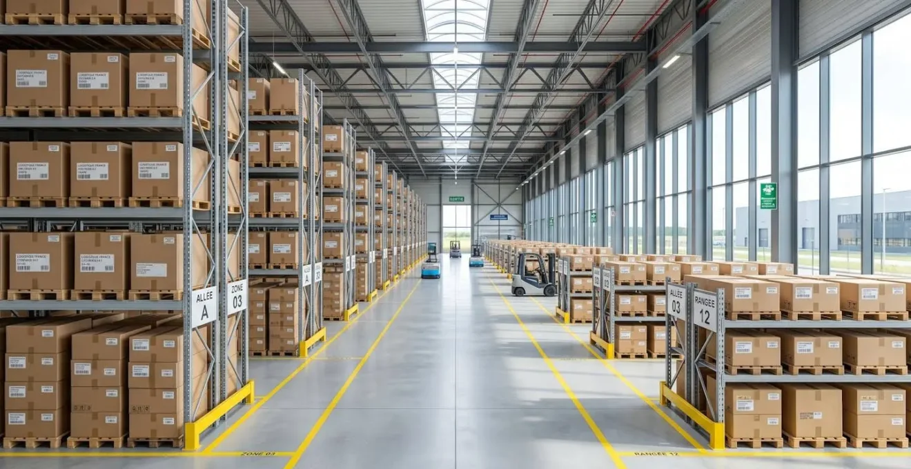 Vue en angle large d'un entrepôt logistique moderne français avec rayonnages métalliques organisés, palettes de cartons, allées dégagées et lumière naturelle abondante