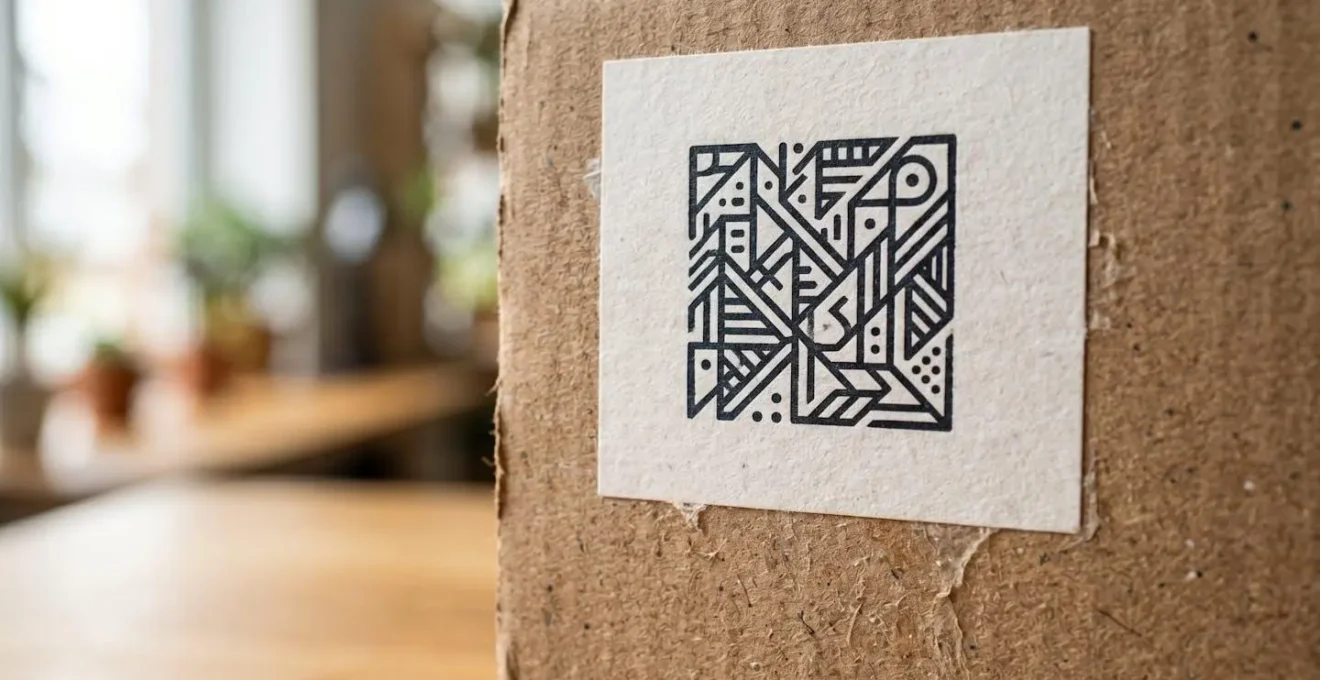 Gros plan macro sur une étiquette personnalisée avec logo imprimé collée sur un carton d'emballage, texture du carton visible, éclairage naturel latéral