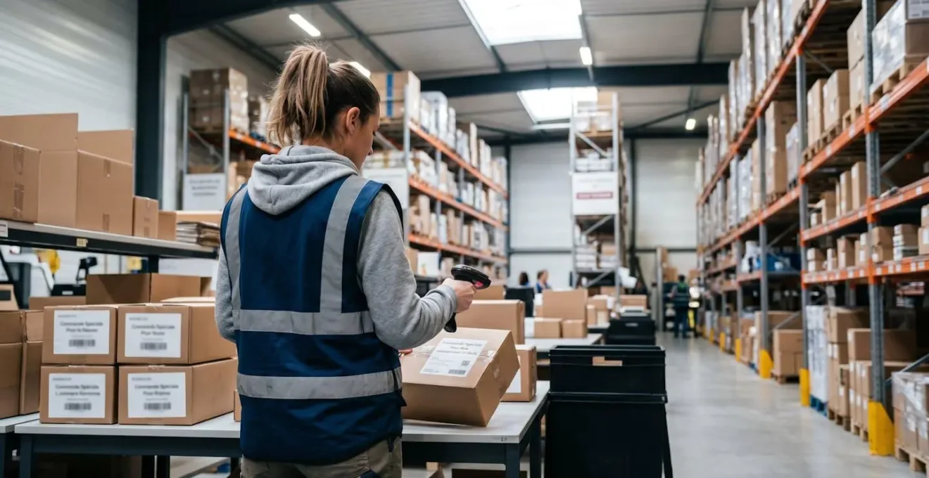 Un opérateur logistique vu de dos scanne des cartons d'emballage personnalisés dans un entrepôt français moderne avec rayonnages métalliques et lumière naturelle