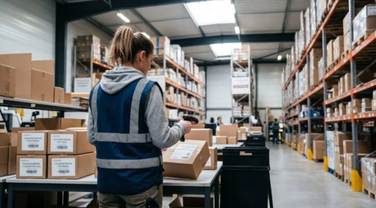 Un opérateur logistique vu de dos scanne des cartons d'emballage personnalisés dans un entrepôt français moderne avec rayonnages métalliques et lumière naturelle