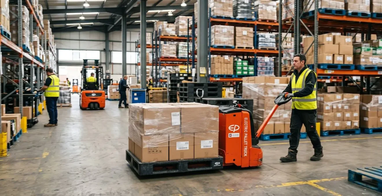 Transpalette électrique manœuvrant une palette en plastique recyclé dans un entrepôt logistique