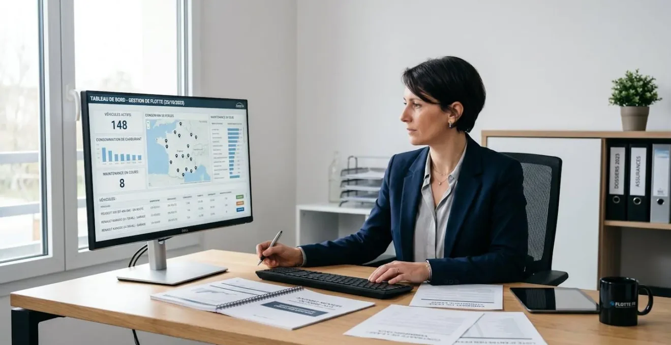 Gestionnaire de flotte consultant un tableau de bord numérique dans un bureau moderne français, analysant les données de performance de véhicules utilitaires