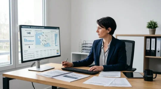 Gestionnaire de flotte consultant un tableau de bord numérique dans un bureau moderne français, analysant les données de performance de véhicules utilitaires