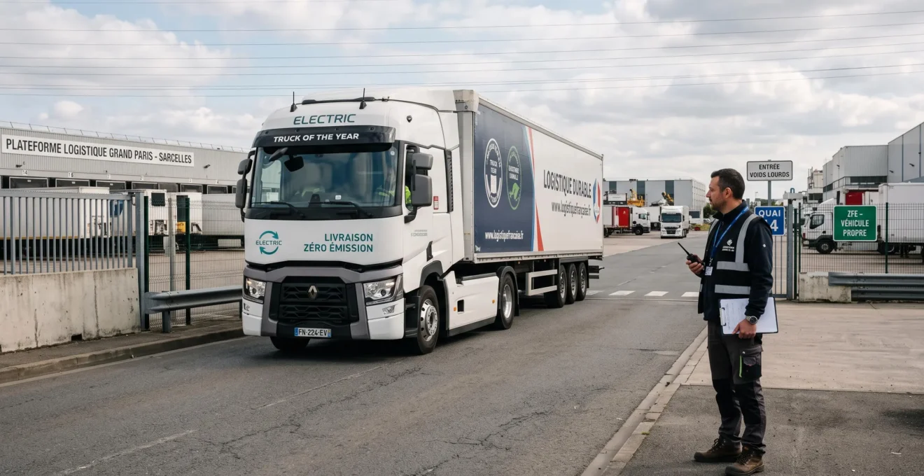 Camion zéro émission en activité logistique sortant d'un centre de distribution en France.