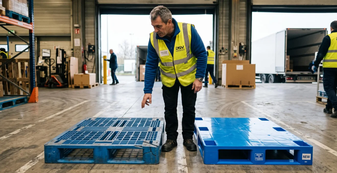 Un responsable logistique compare une palette neuve et une palette usée.
