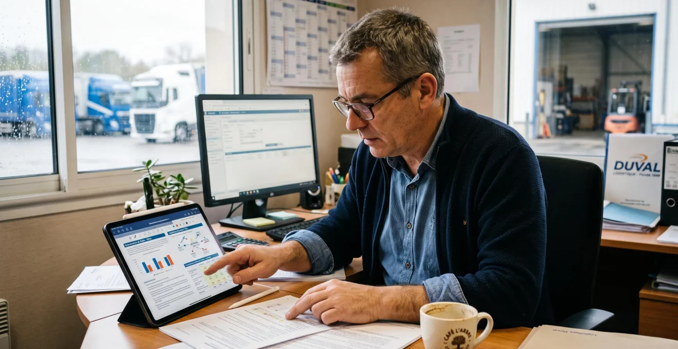 Entrepreneur logistique analysant des aides financières sur une tablette dans son bureau.