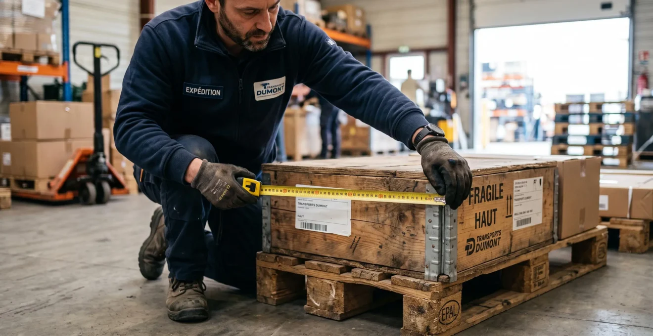 Un opérateur mesure une charge posée sur une palette dans un atelier.