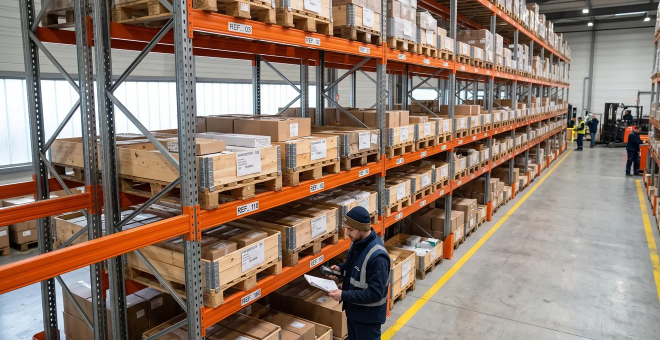 Un préparateur vérifie les palettes stockées sur un rayonnage d'entrepôt.