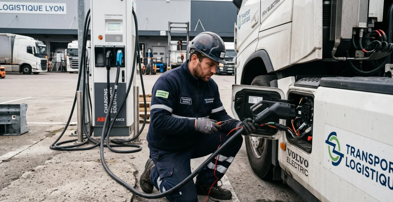 Technicien installant une infrastructure de recharge électrique pour poids lourd dans un dépôt.